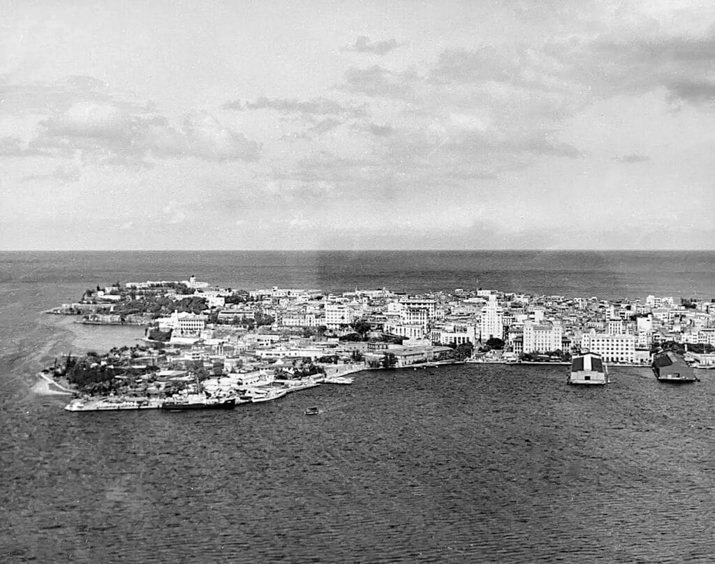Aerial view of Old San Juan historic district from above the harbor, circa 1948