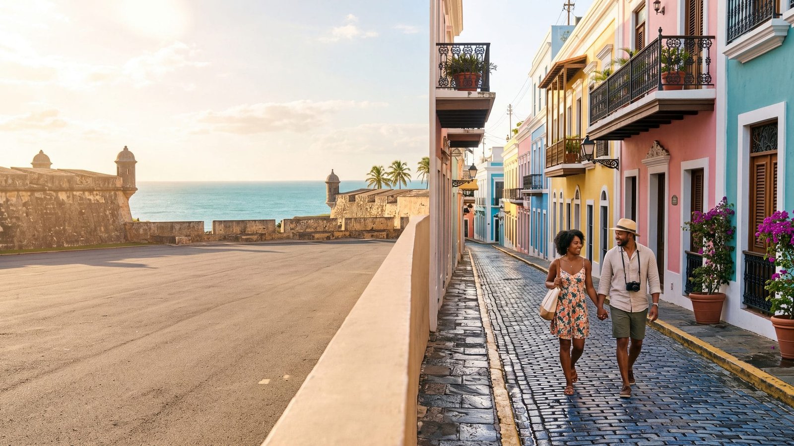 A pastel cobblestone street in Old San Juan, a couple strolling with a camera