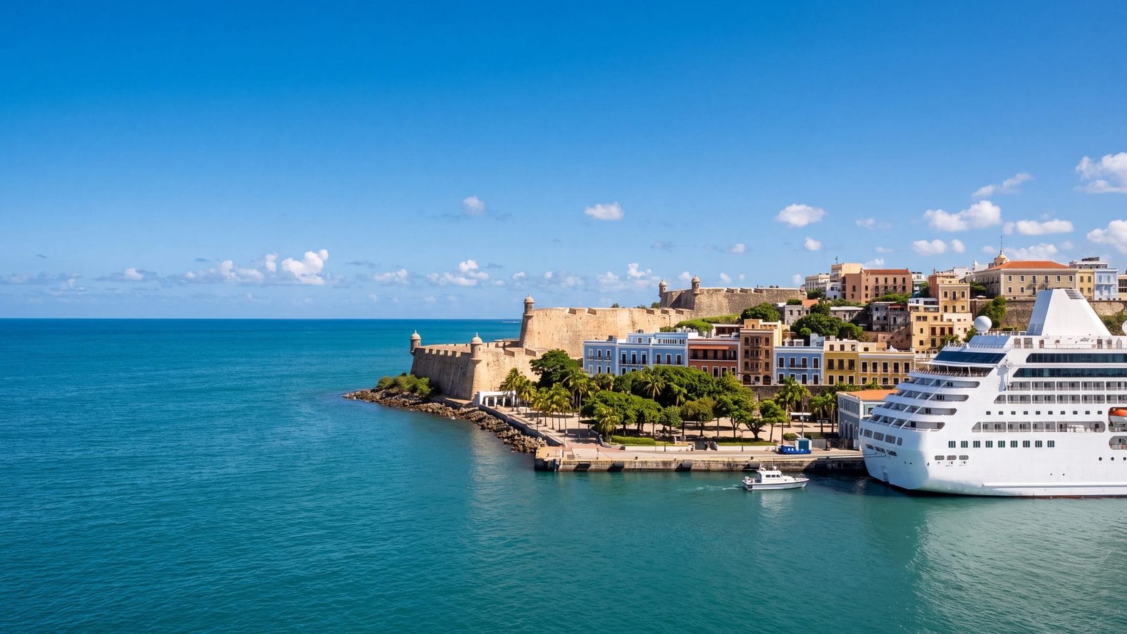 A cruise ship docked at the old-town cruise pier with a tree-lined plaza and pastel colonial buildings behind, from the water with a small pilot boat — Puerto Rico