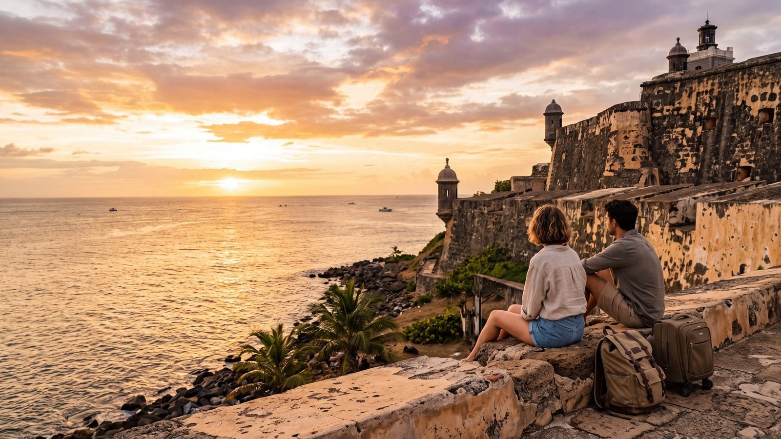 A couple sitting on the old sea wall at sunset with their carry-on bags beside them, the fort behind — Puerto Rico