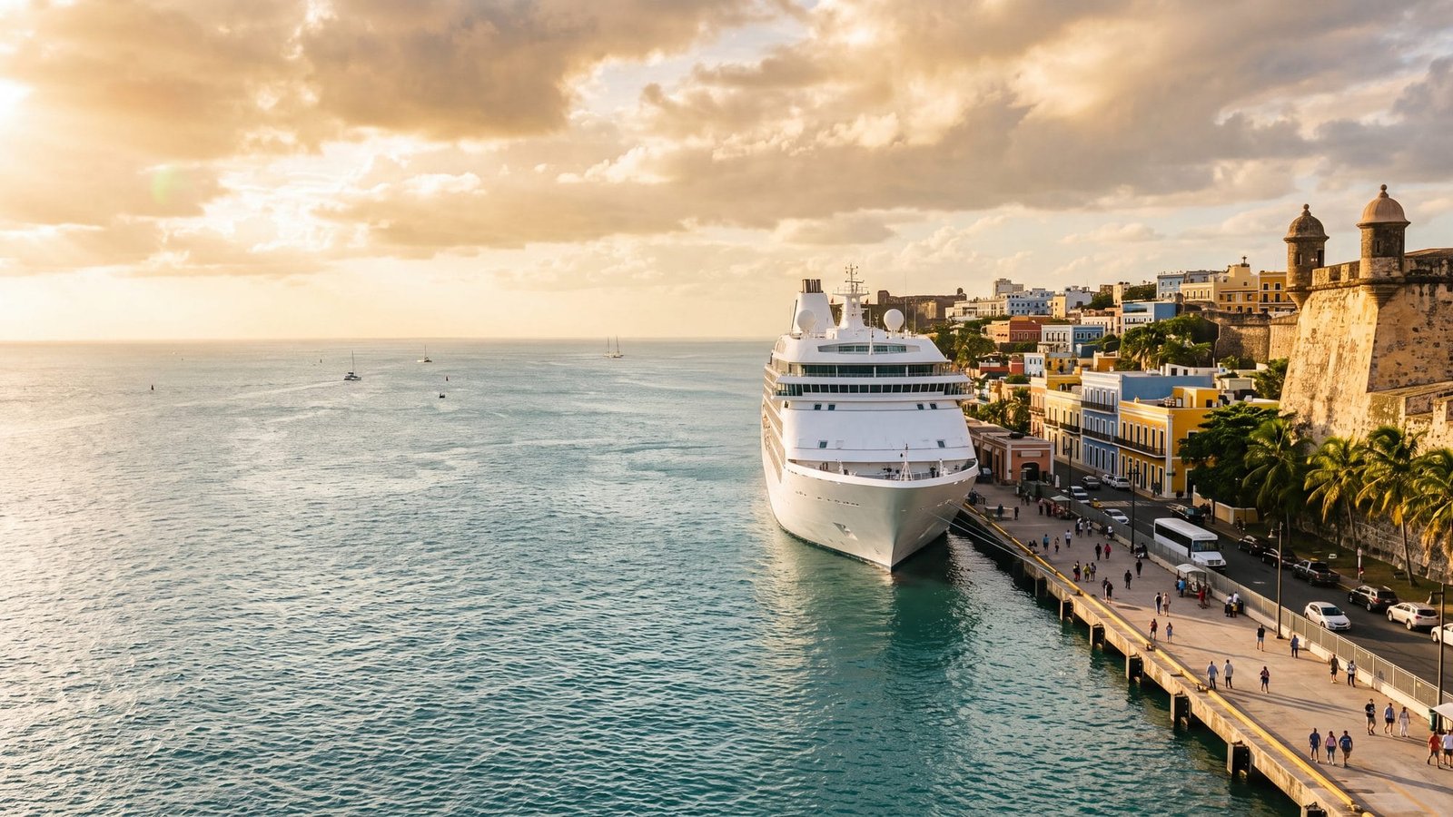 A very large white cruise ship docked at a long pier across the bay at golden hour — Puerto Rico