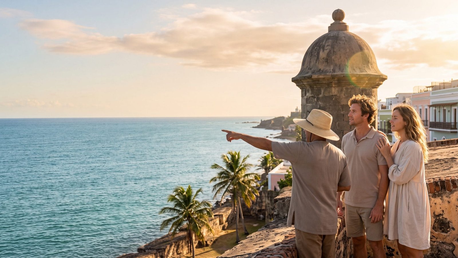 A couple with a guide at the fort walls looking out to sea — Puerto Rico