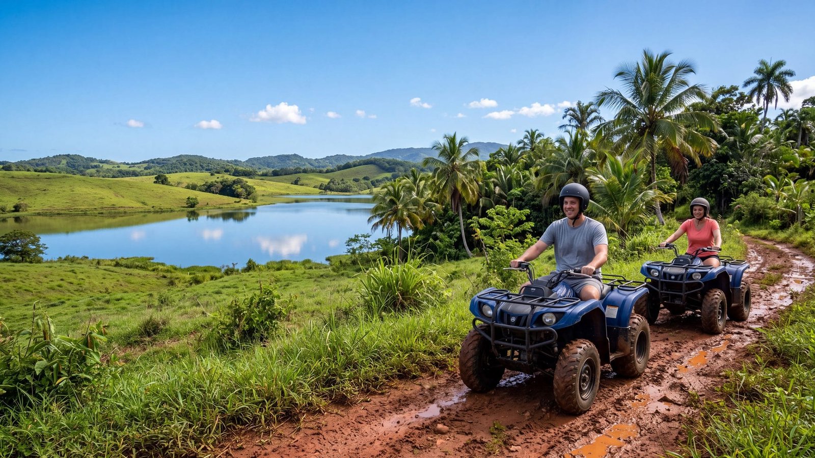 A couple on two ATVs on a muddy red-earth trail through a green pasture with palms and a lake — Puerto Rico