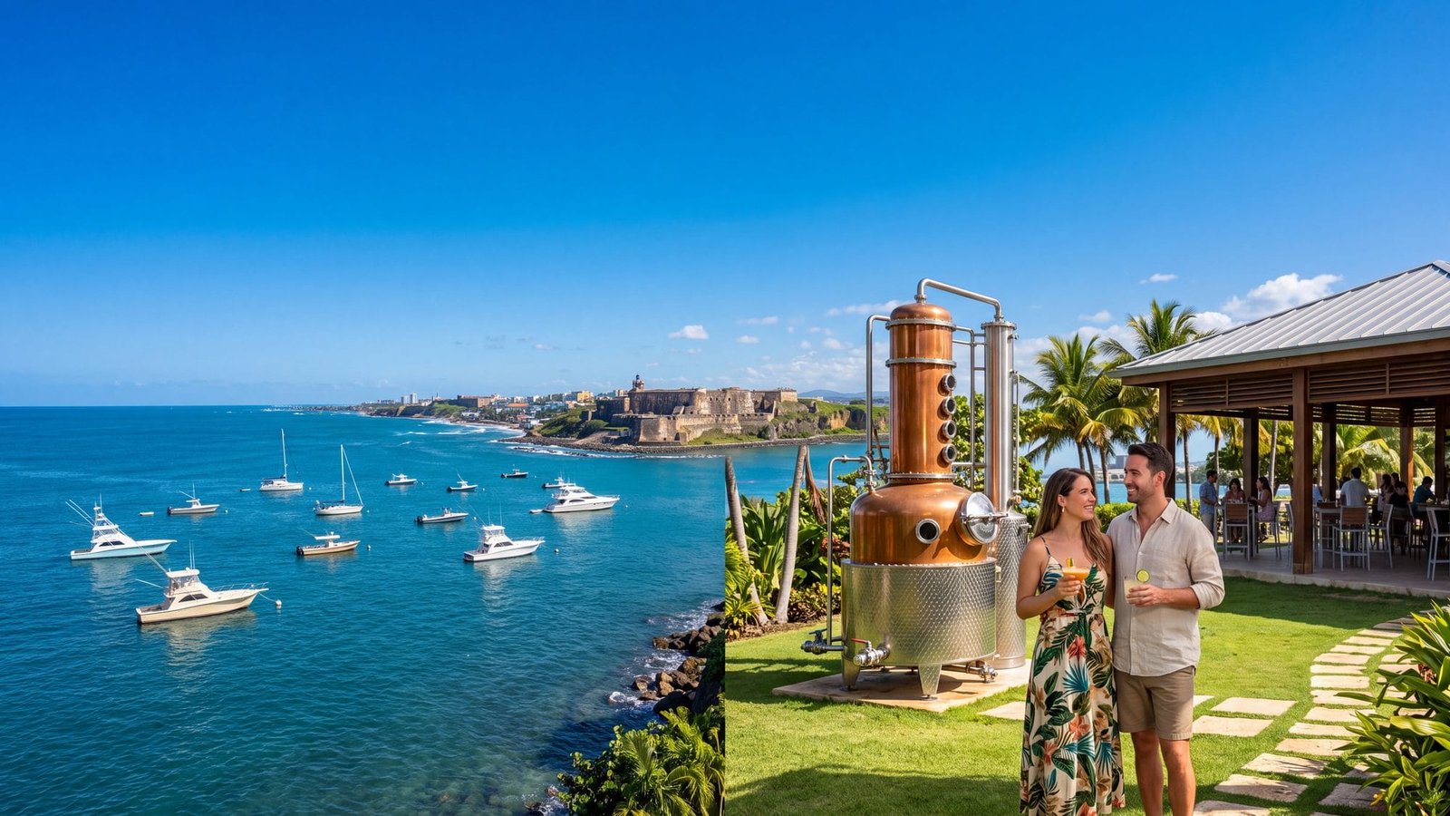 A palm-lined lawn with a modern open-air pavilion and a giant rum still, a couple with cocktails, the bay and the old city across the water — Puerto Rico