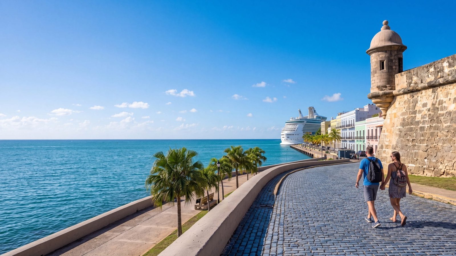 A couple walking quickly along the waterfront promenade toward the old town with the ship behind — Puerto Rico
