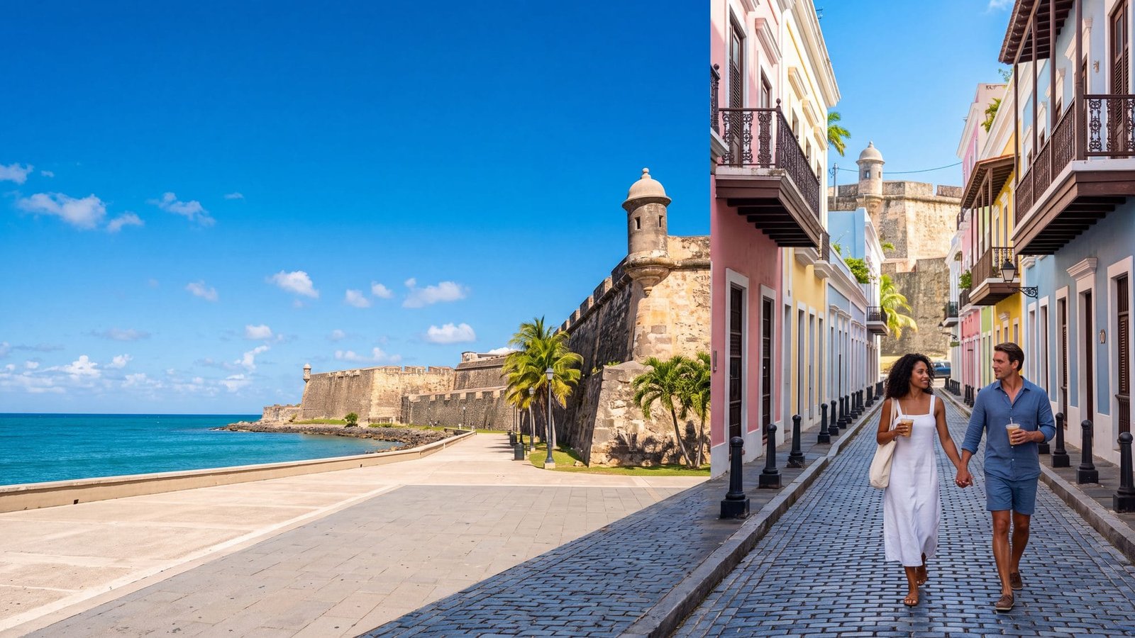 A pastel cobblestone street in Old San Juan, a couple walking with iced coffees