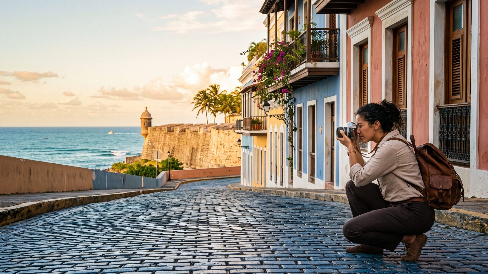 A photographer crouched on a blue-glazed cobblestone street of pastel colonial houses — Puerto Rico