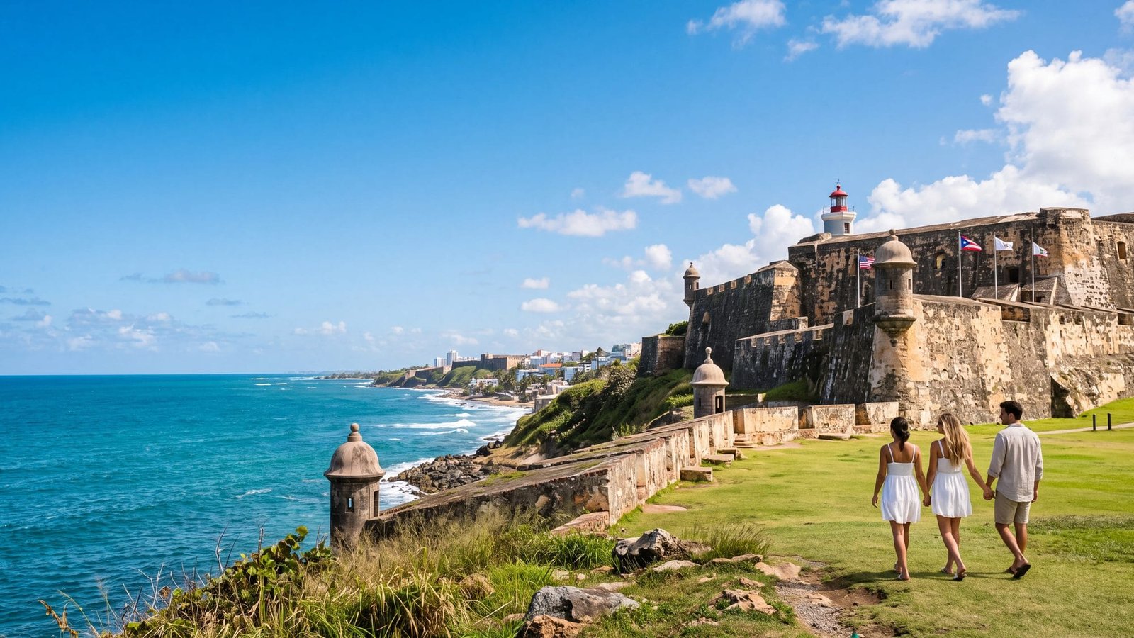 El Morro fort, a couple on the lawn under a bright sky — Puerto Rico