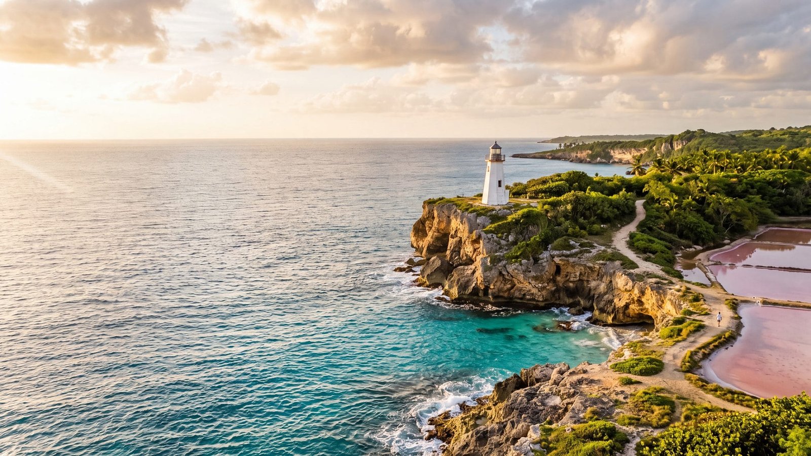A small white lighthouse on dramatic limestone cliffs above a turquoise cove and pink salt flats — Puerto Rico