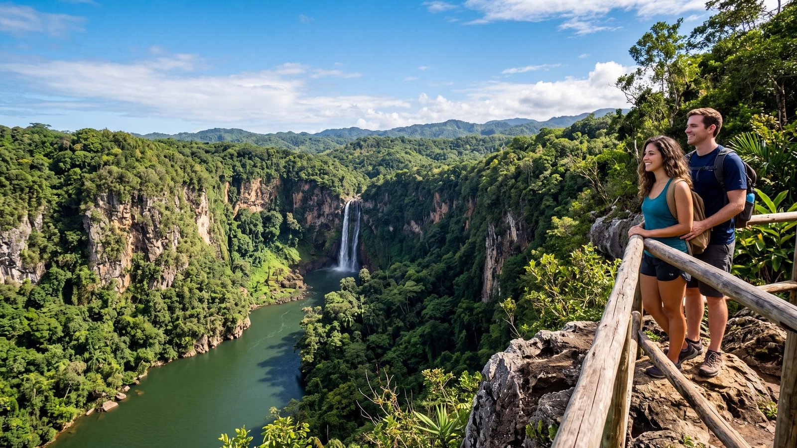 A deep green river canyon with sheer cliffs and a waterfall, a couple on an overlook — Puerto Rico