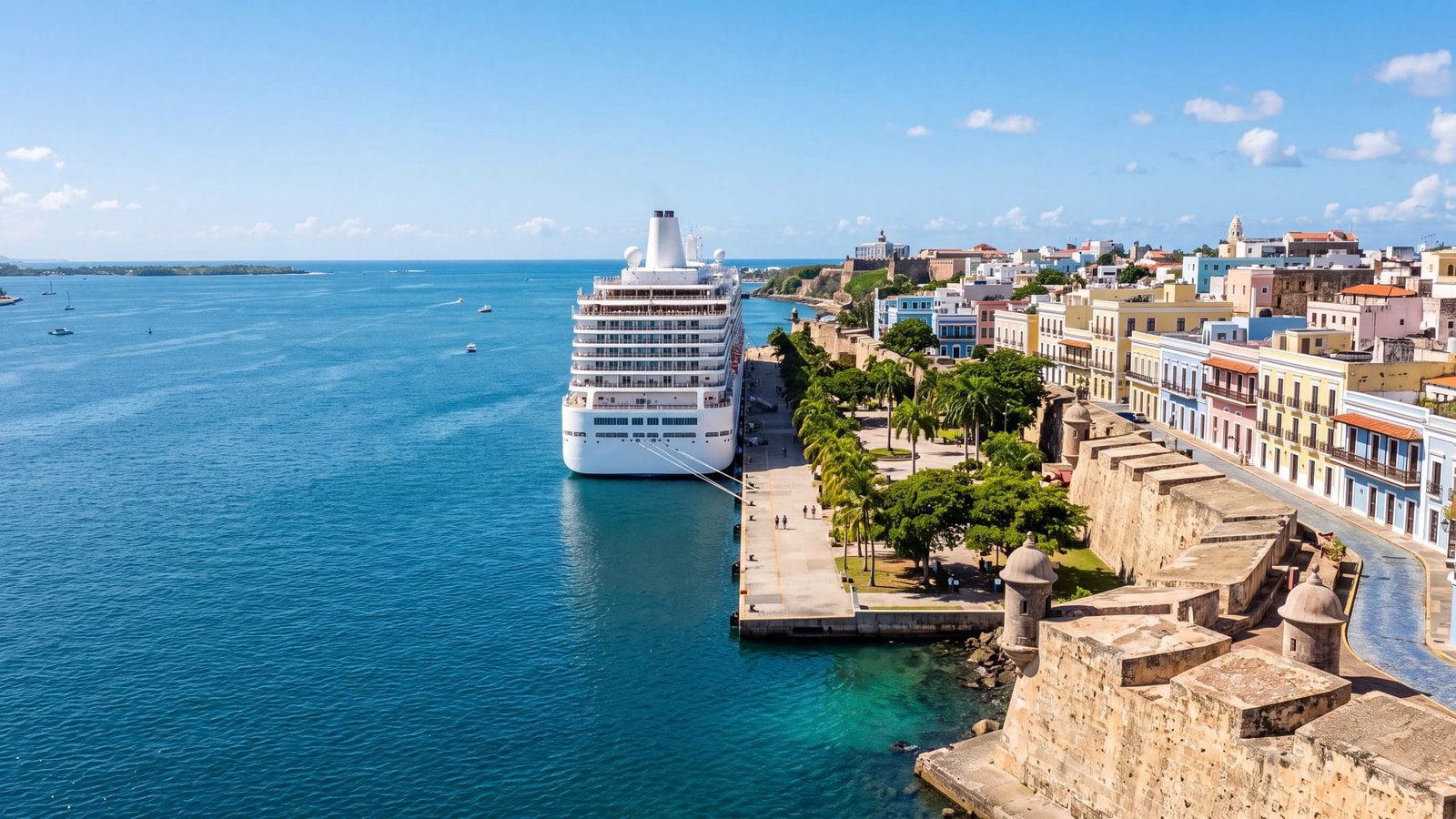 A cruise ship docked at the old-town cruise pier with a tree-lined plaza and pastel colonial buildings behind — Puerto Rico