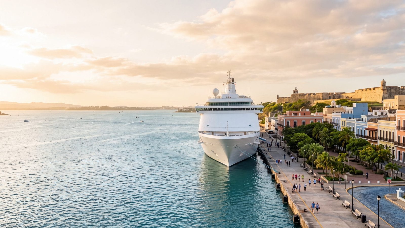 A cruise ship docked at the old-town cruise pier with a tree-lined plaza and pastel colonial buildings behind — Puerto Rico