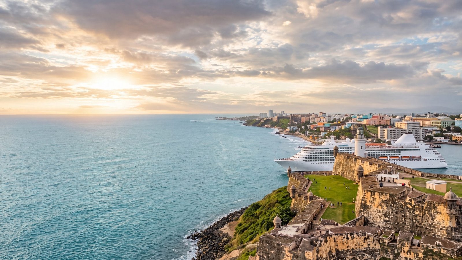 A cruise ship sailing into the bay past El Morro fort — Puerto Rico
