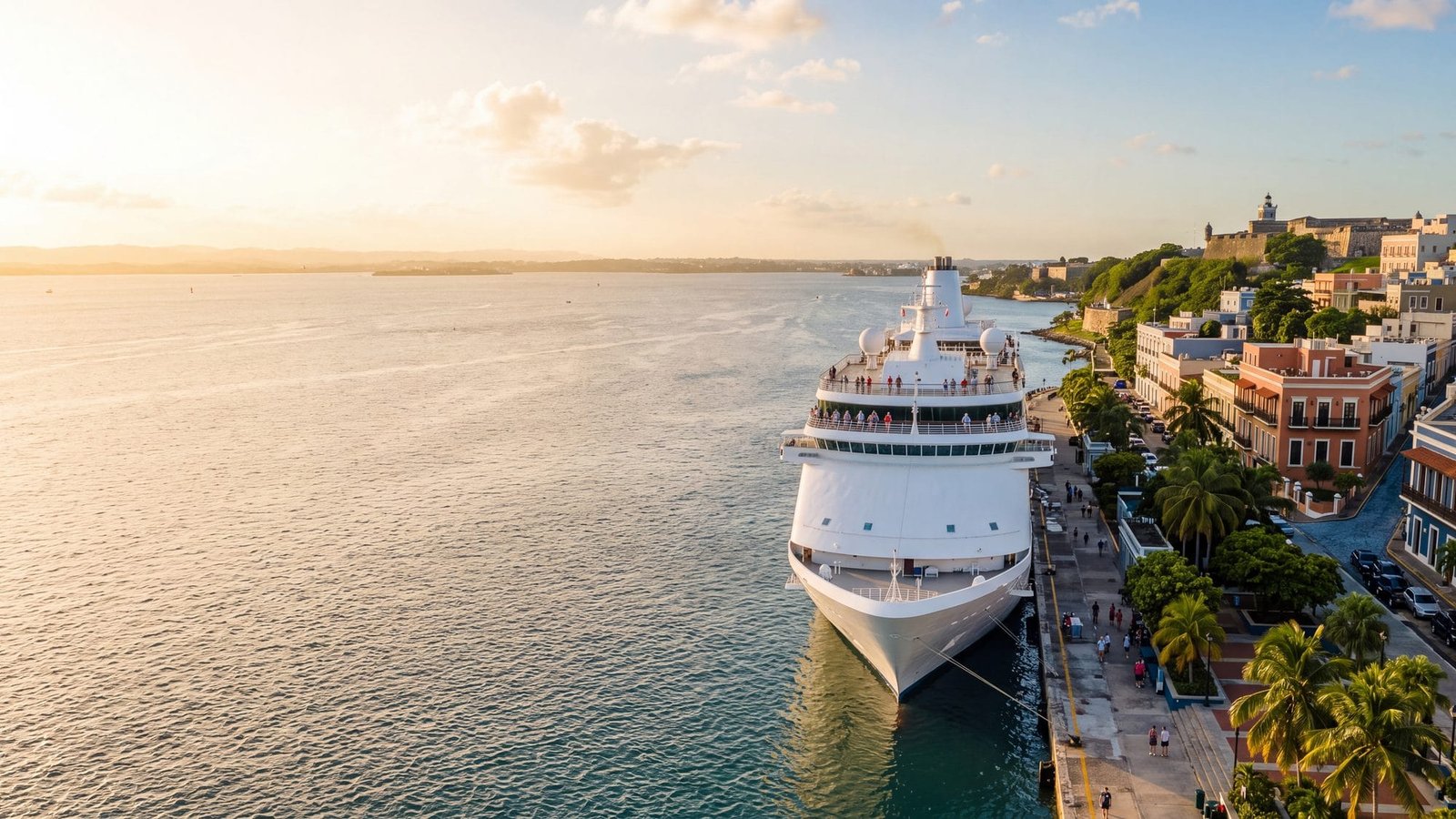 A cruise ship docked at the old-town cruise pier with a tree-lined plaza and pastel colonial buildings behind, passengers on the top deck looking at the