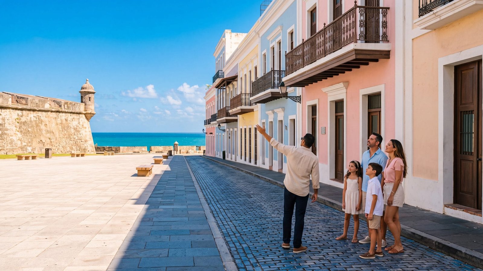 A pastel cobblestone street in Old San Juan, a family with a guide pointing at a balcony