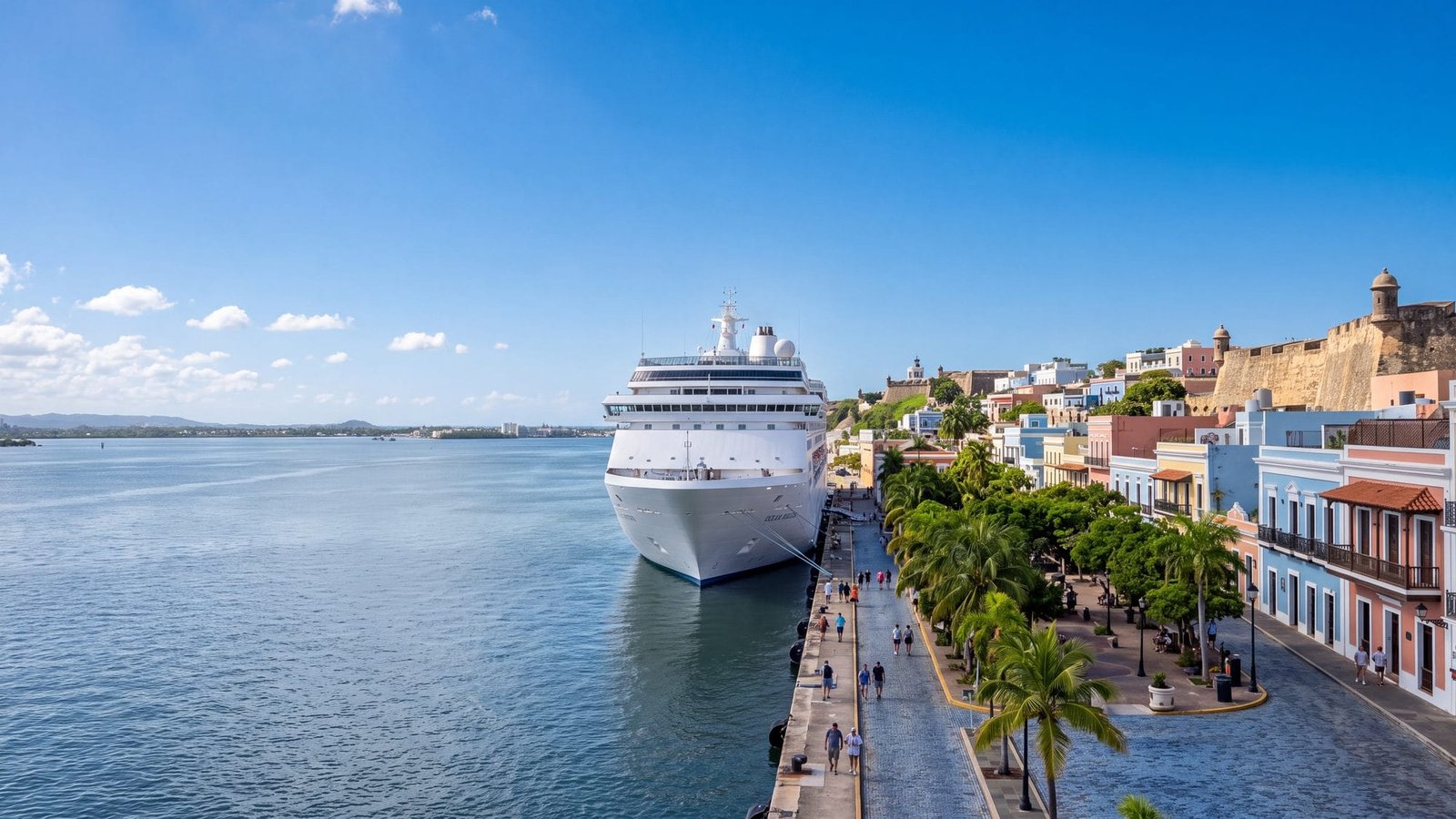 A cruise ship docked at the old-town cruise pier with a tree-lined plaza and pastel colonial buildings behind — Puerto Rico