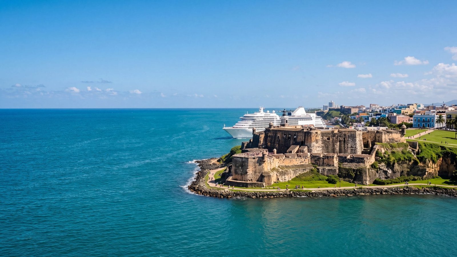 A cruise ship sailing into the bay past El Morro fort — Puerto Rico