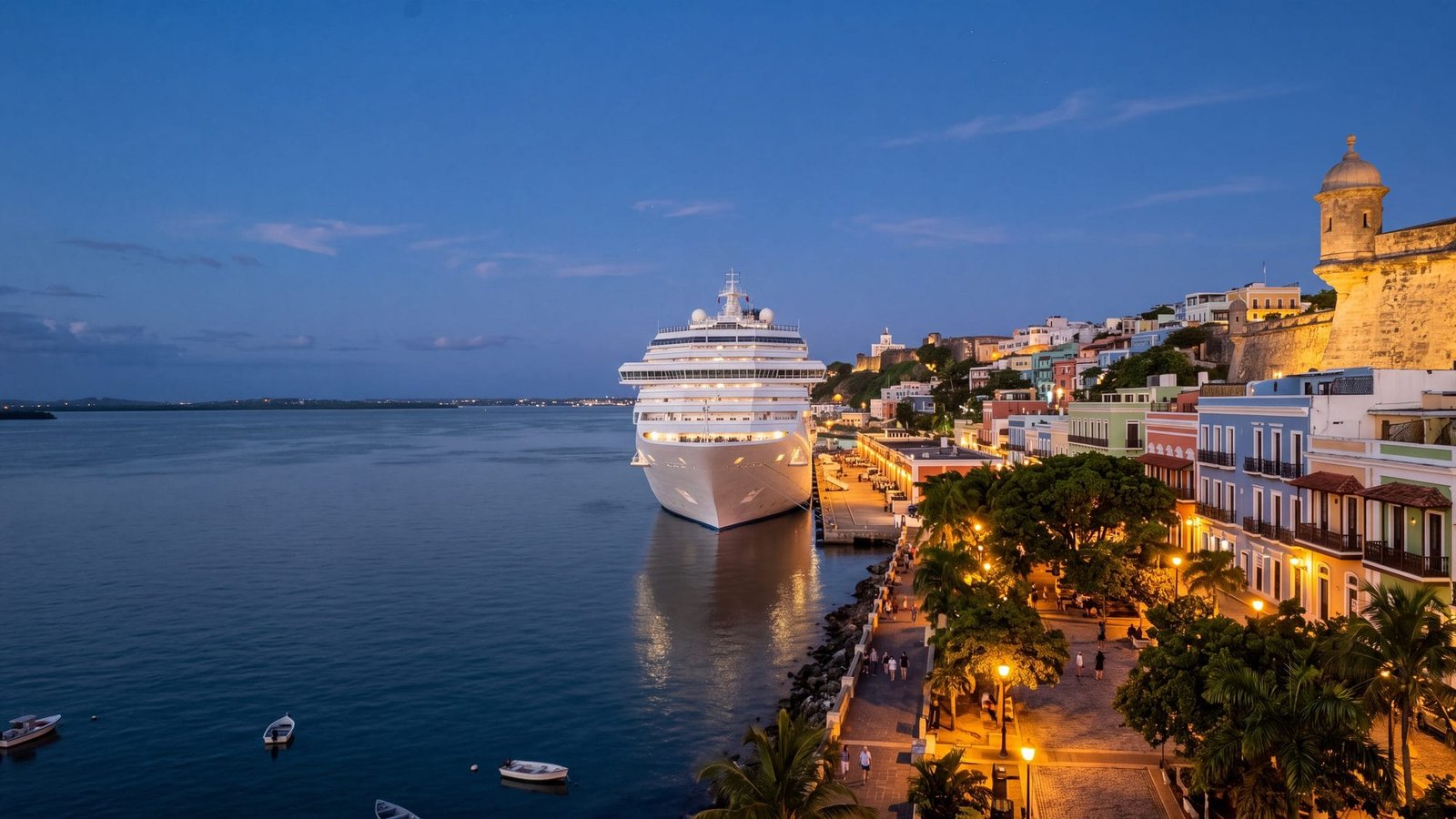 A cruise ship docked at the old-town cruise pier with a tree-lined plaza and pastel colonial buildings behind — Puerto Rico