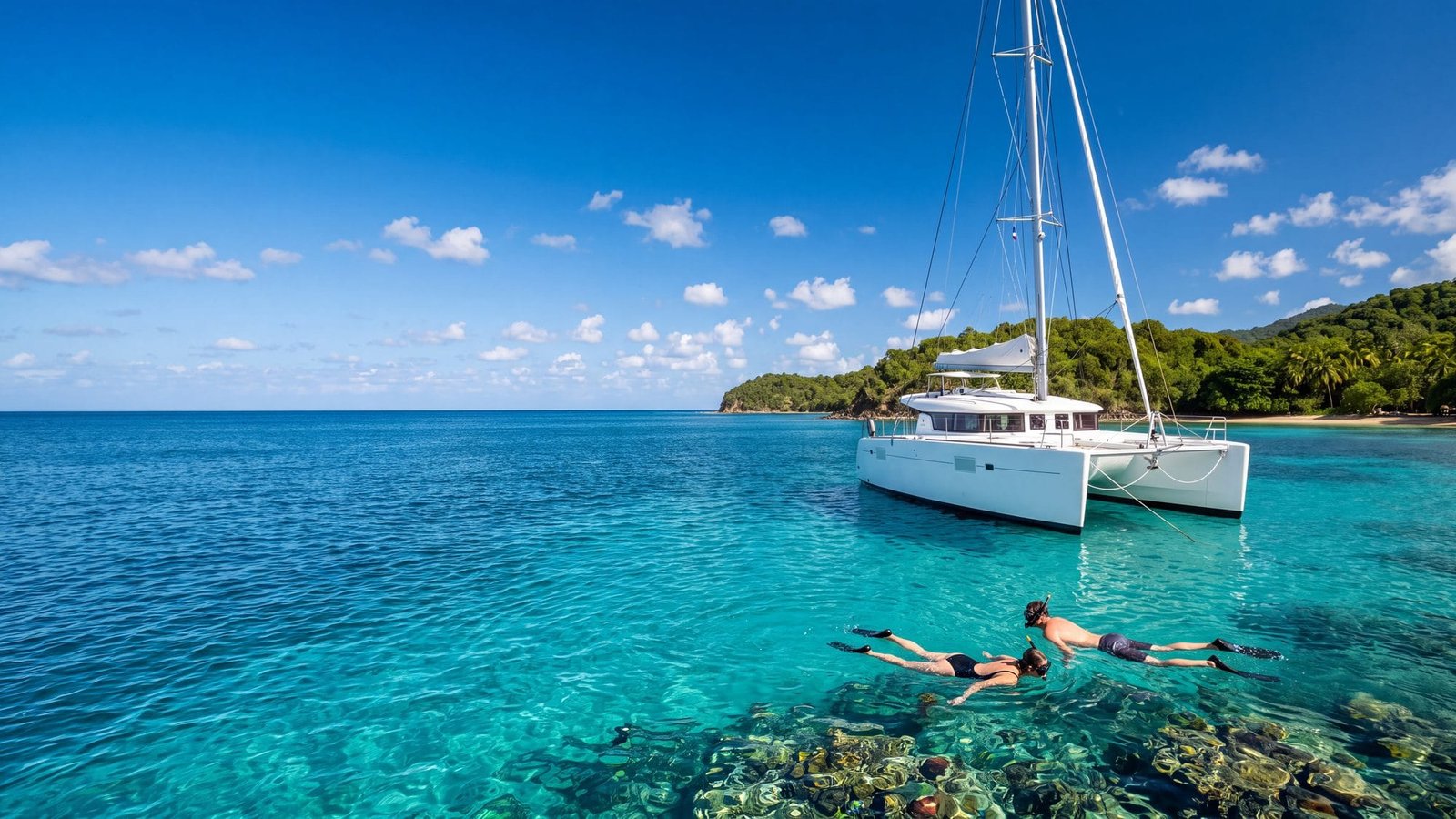 A white sailing catamaran anchored over a turquoise reef with a couple snorkelling beside it — Puerto Rico