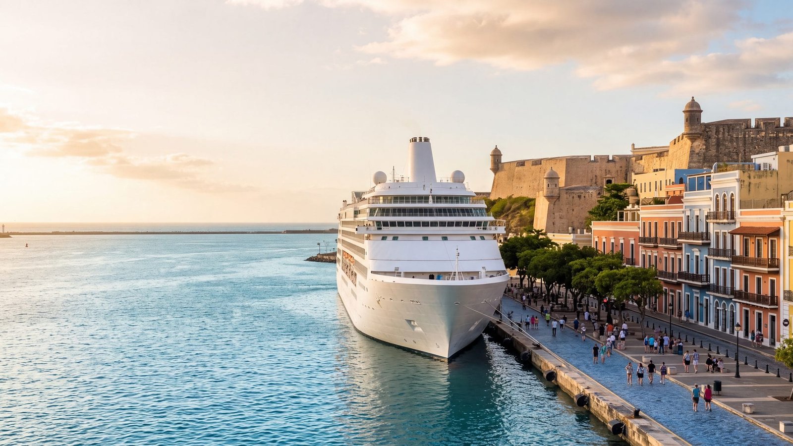 A cruise ship docked at the old-town cruise pier with a tree-lined plaza and pastel colonial buildings behind — Puerto Rico