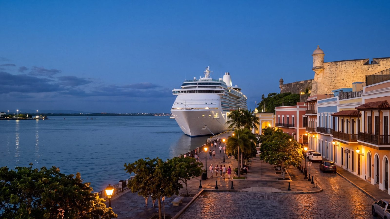 A cruise ship docked at the old-town cruise pier with a tree-lined plaza and pastel colonial buildings behind, all — Puerto Rico