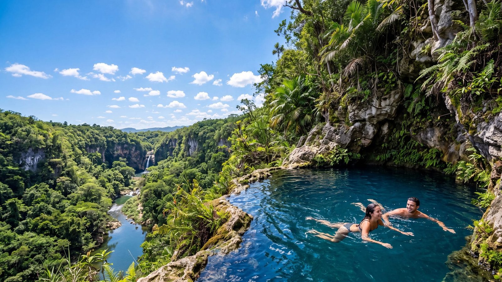 A deep blue natural pool in a green limestone canyon with a couple swimming — Puerto Rico
