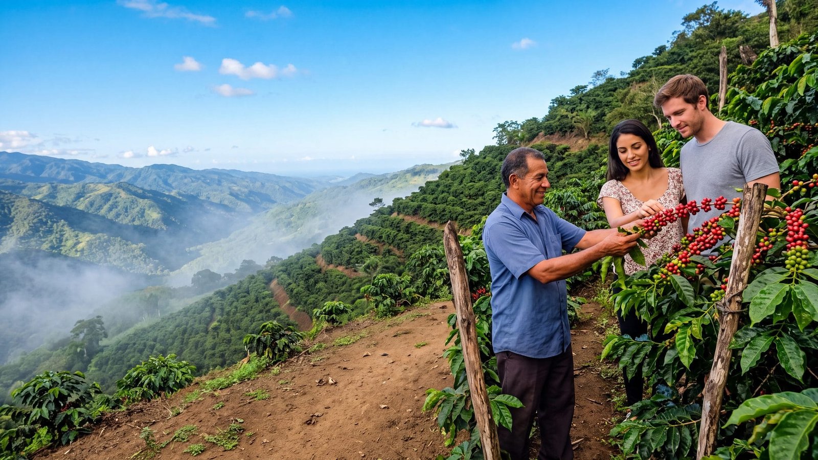 Rows of glossy coffee shrubs on a misty mountain slope with a farmer showing red coffee cherries to a couple — Puerto Rico