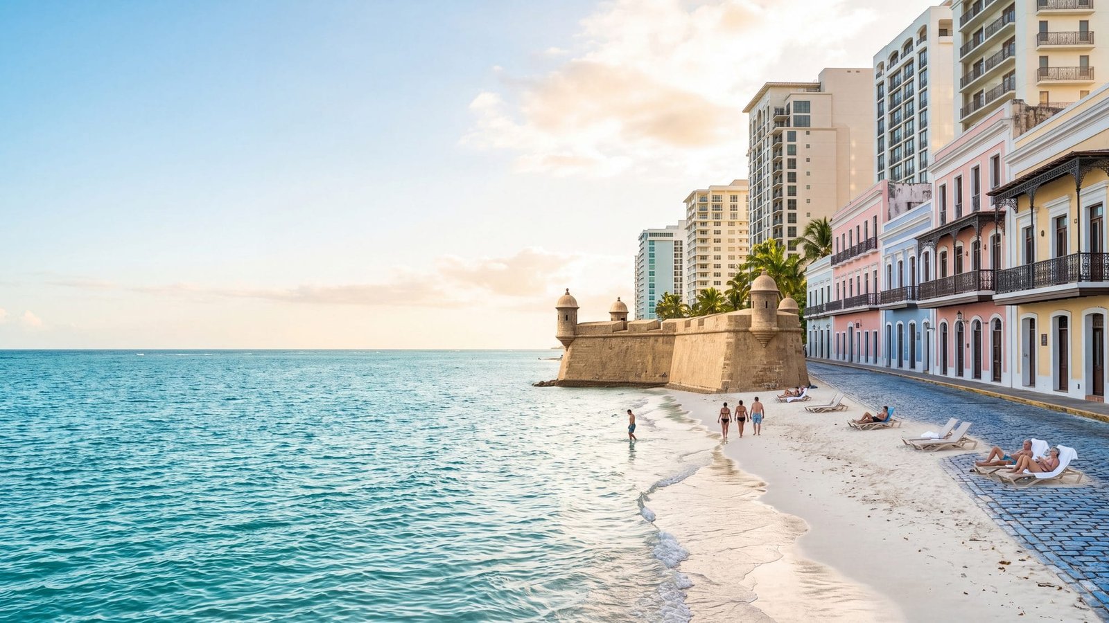 A white-sand beach backed by modern hotel towers and palms — Puerto Rico