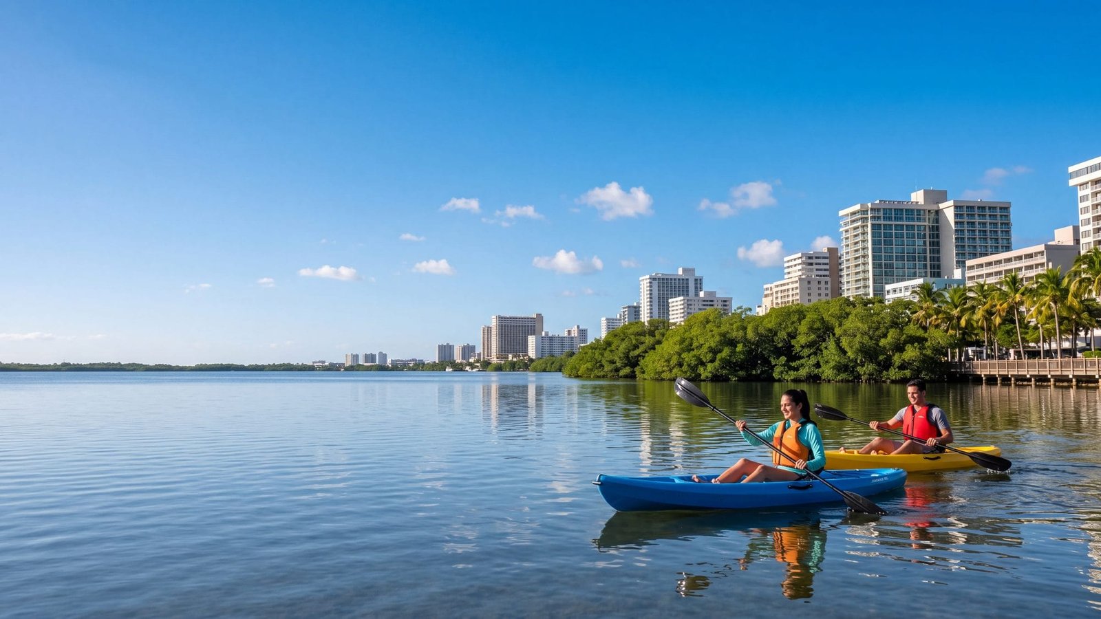A couple paddling kayaks on a calm city lagoon lined with hotel towers and mangroves — Puerto Rico