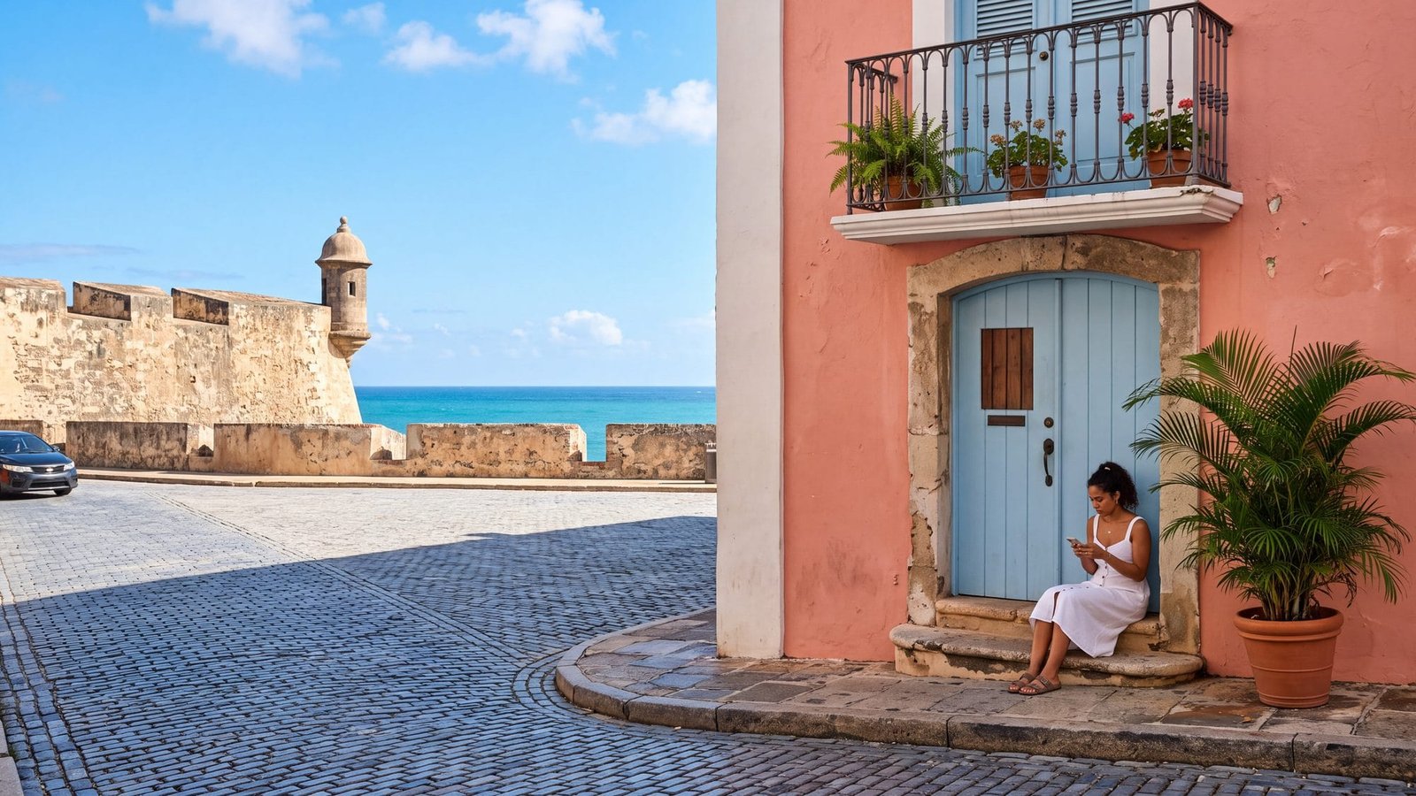 A small pastel colonial doorway with a wrought-iron balcony above and a potted palm, a woman on the step with a phone — Puerto Rico
