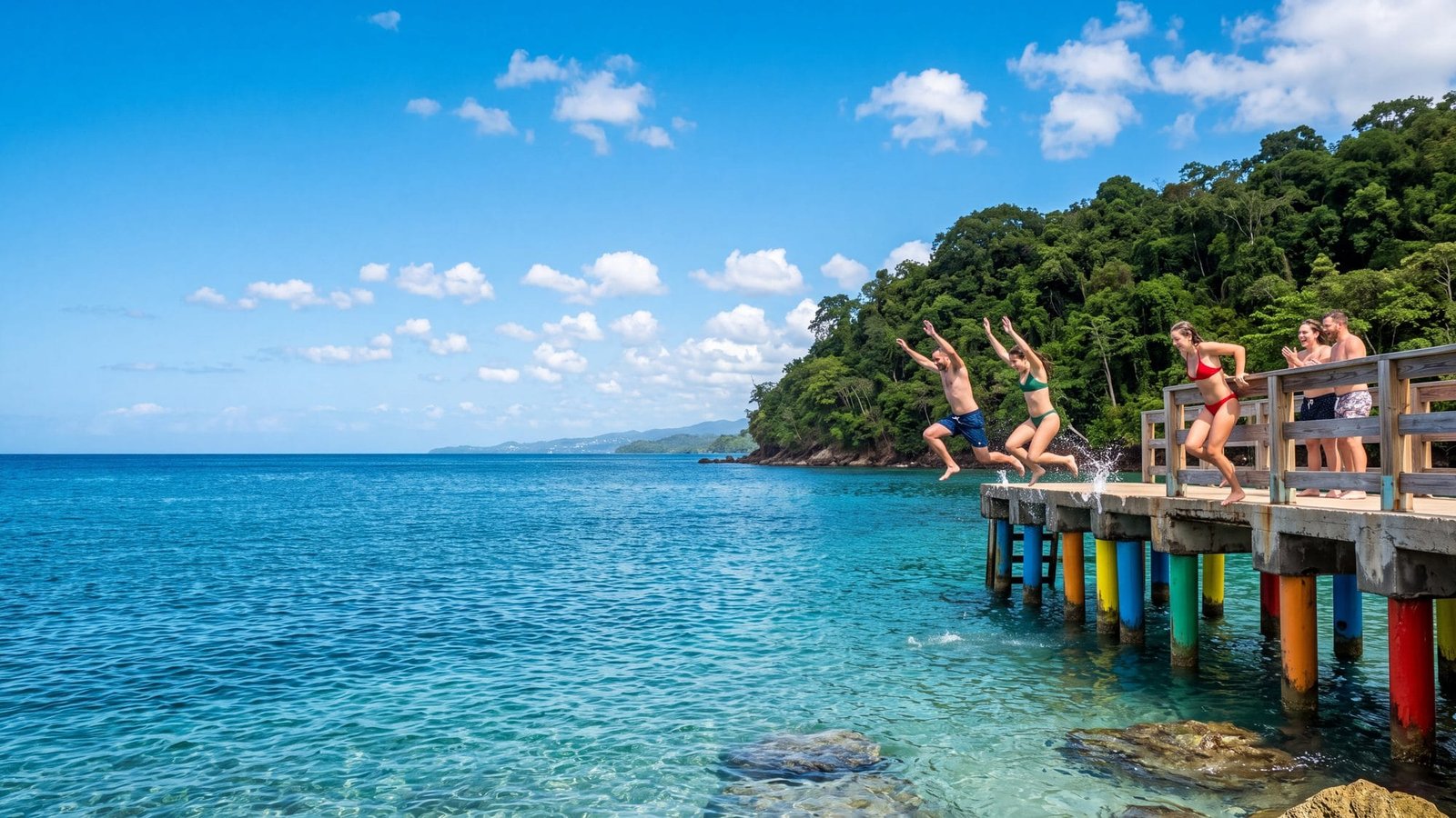 A short concrete pier on brightly painted pilings over clear turquoise water with people jumping in — Puerto Rico
