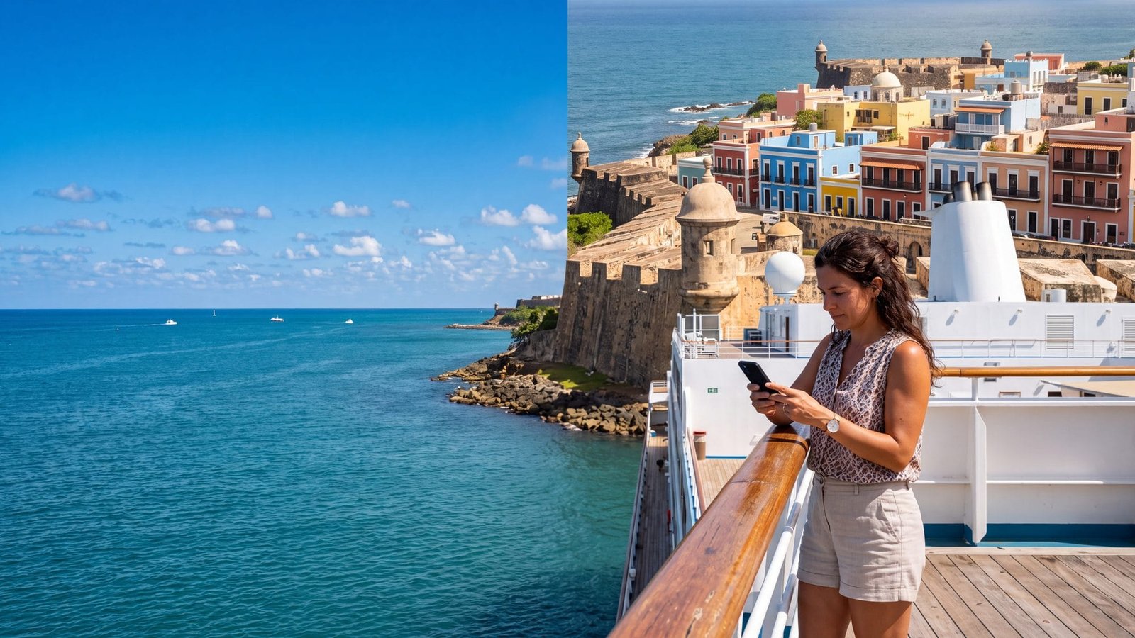 A woman on a cruise ship's top deck rail checking her phone with the old walled city behind — Puerto Rico