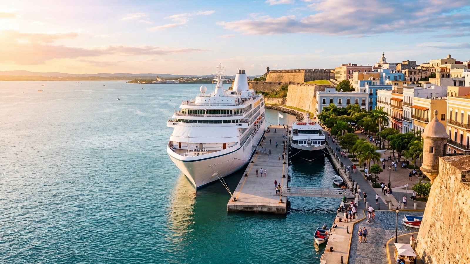 A cruise ship docked at the old-town cruise pier with a tree-lined plaza and pastel colonial buildings behind, a second ship at the next pier, all — Old San