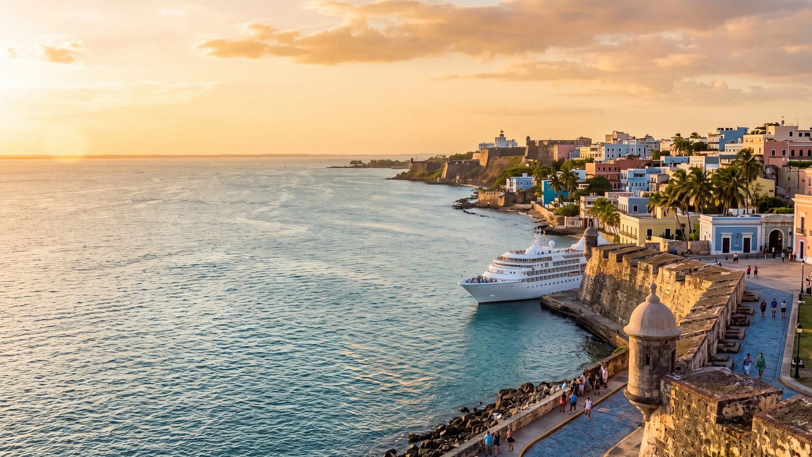 A sleek smaller white cruise ship anchored in the bay off the old walled city at golden hour — Puerto Rico