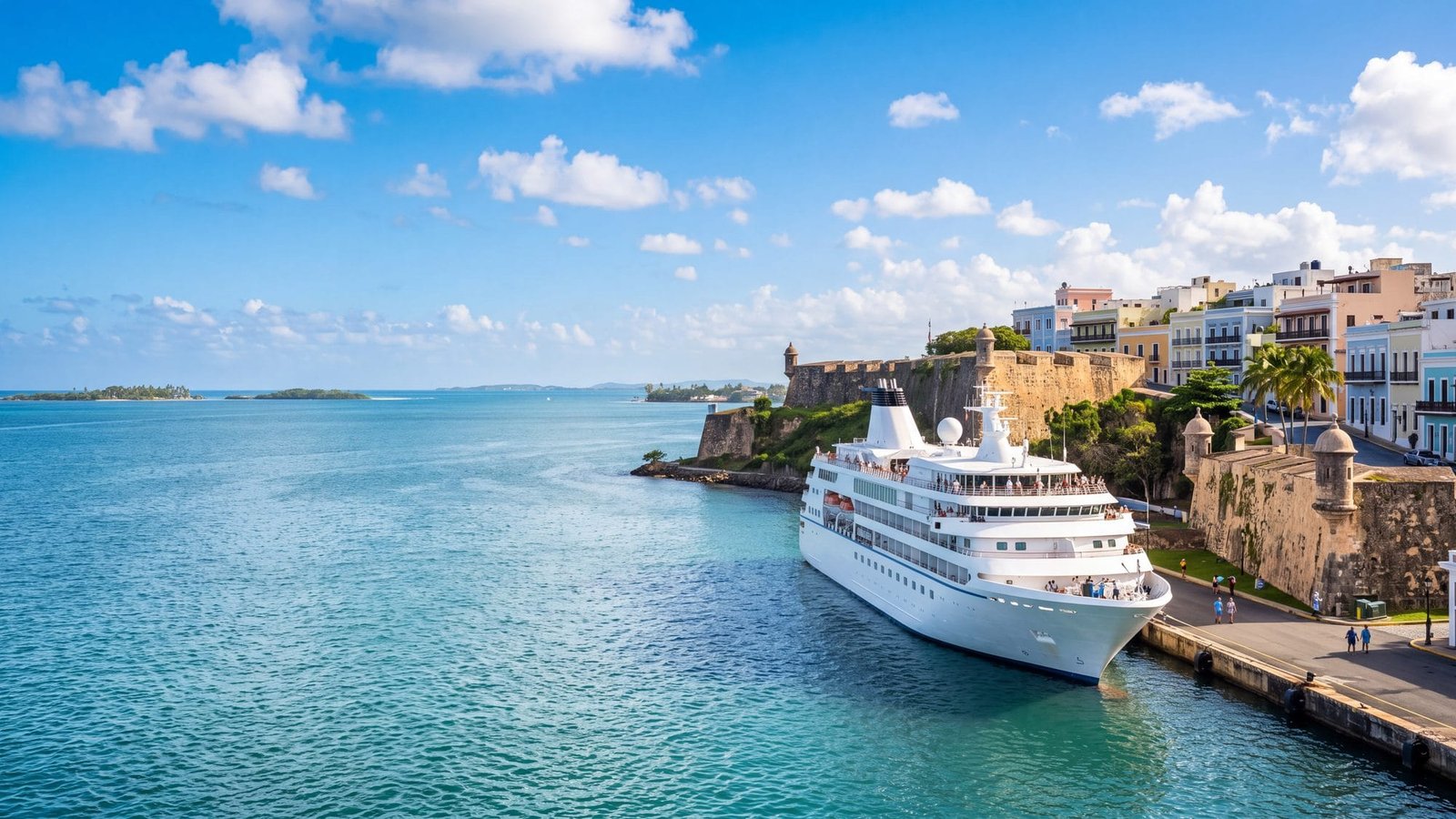 A sleek smaller white cruise ship at the old-town pier in the morning — Puerto Rico