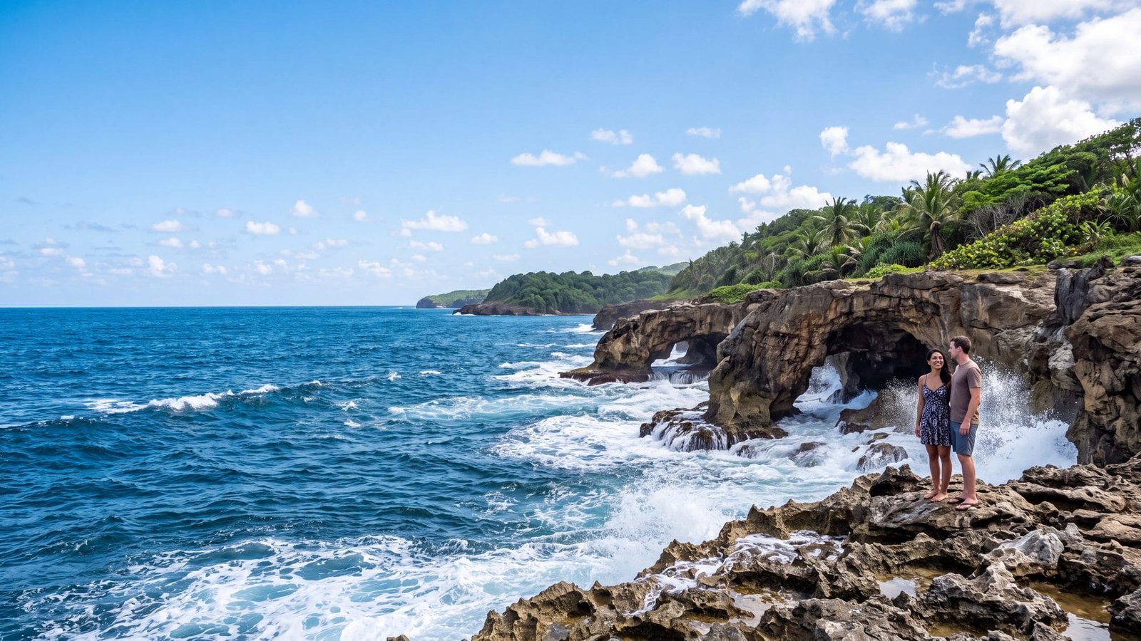 Rugged limestone sea cliffs with natural rock arches and crashing surf, a couple on the rocks — Puerto Rico
