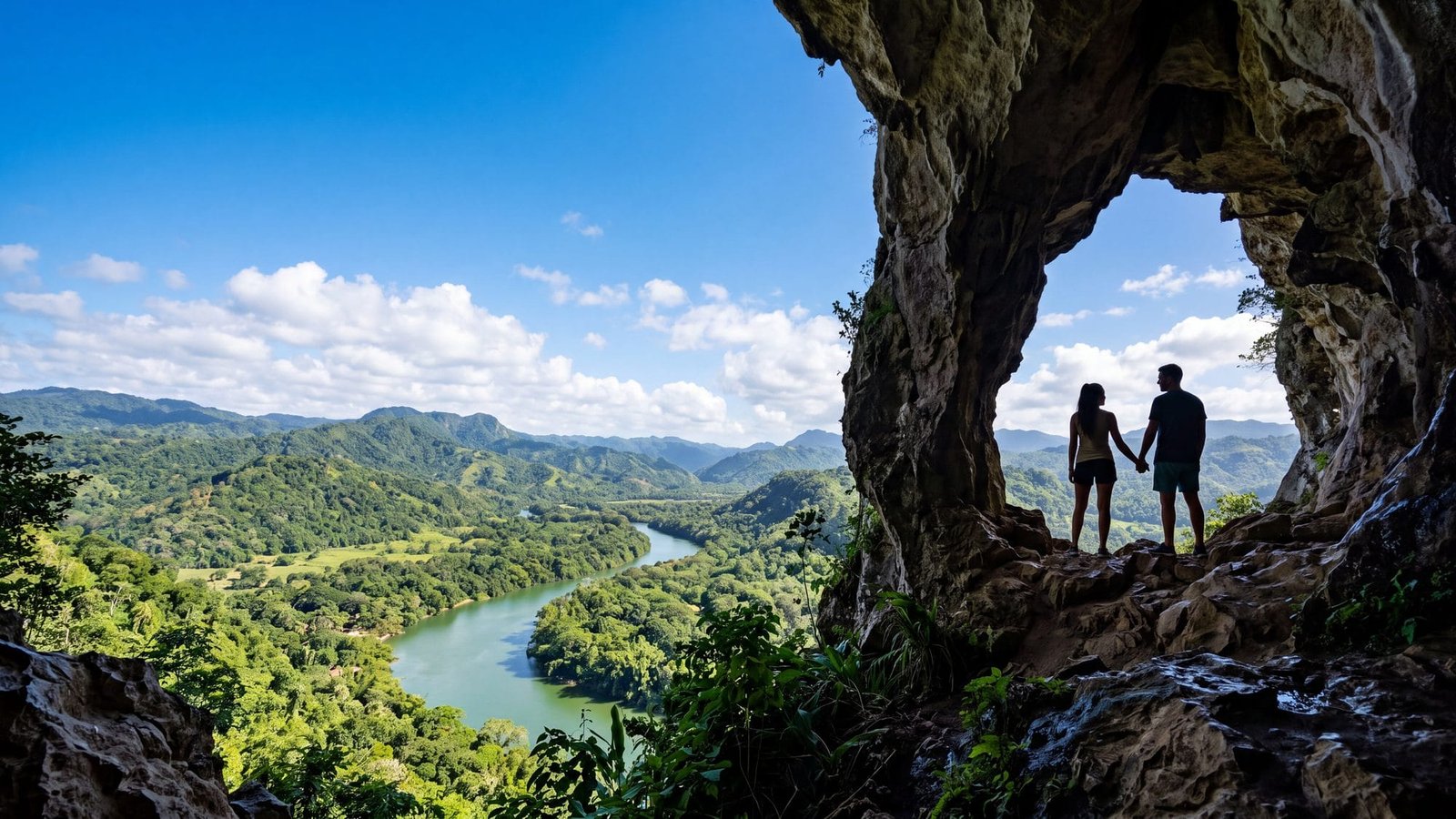 A couple silhouetted in a huge natural cave window opening high above a green river valley — Puerto Rico