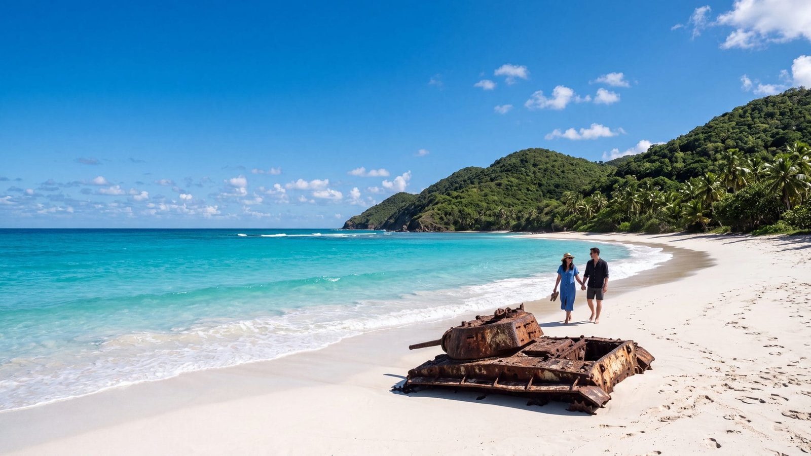 A wide crescent of brilliant white sand with turquoise water and green hills, a rusted old tank half-buried in the sand, a couple walking — Puerto Rico