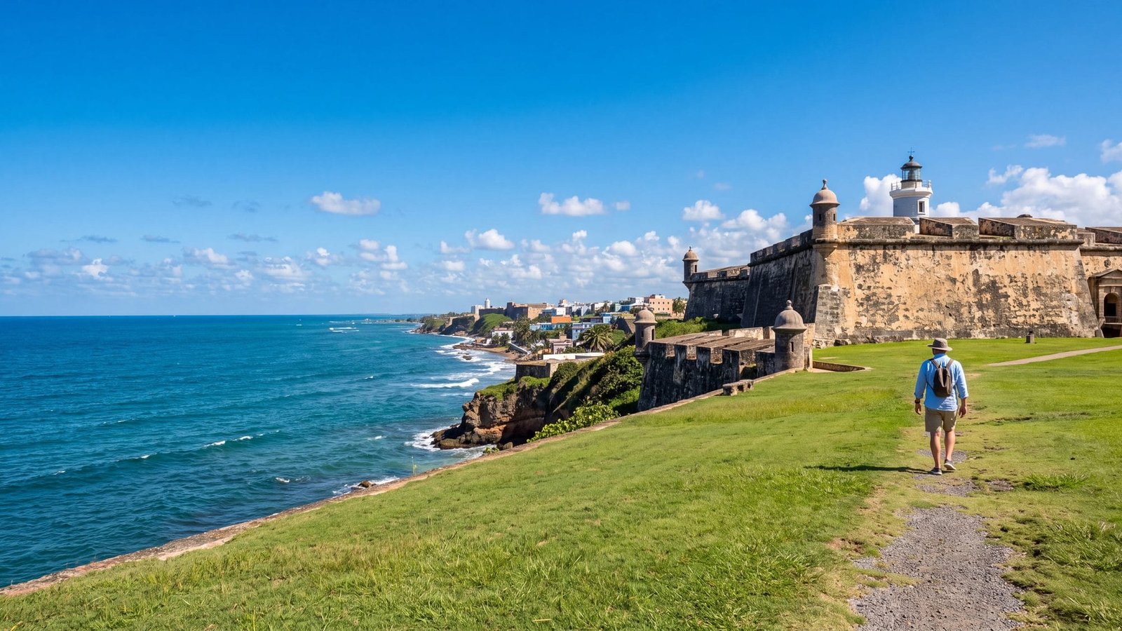 El Morro fort, a lone walker on the lawn — Puerto Rico