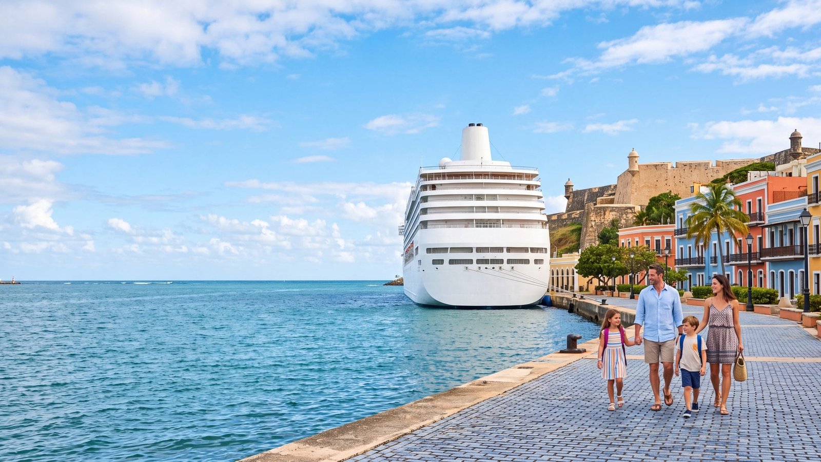 A cruise ship docked at the old-town cruise pier, a family with two kids walking toward the pastel colonial buildings — Puerto Rico