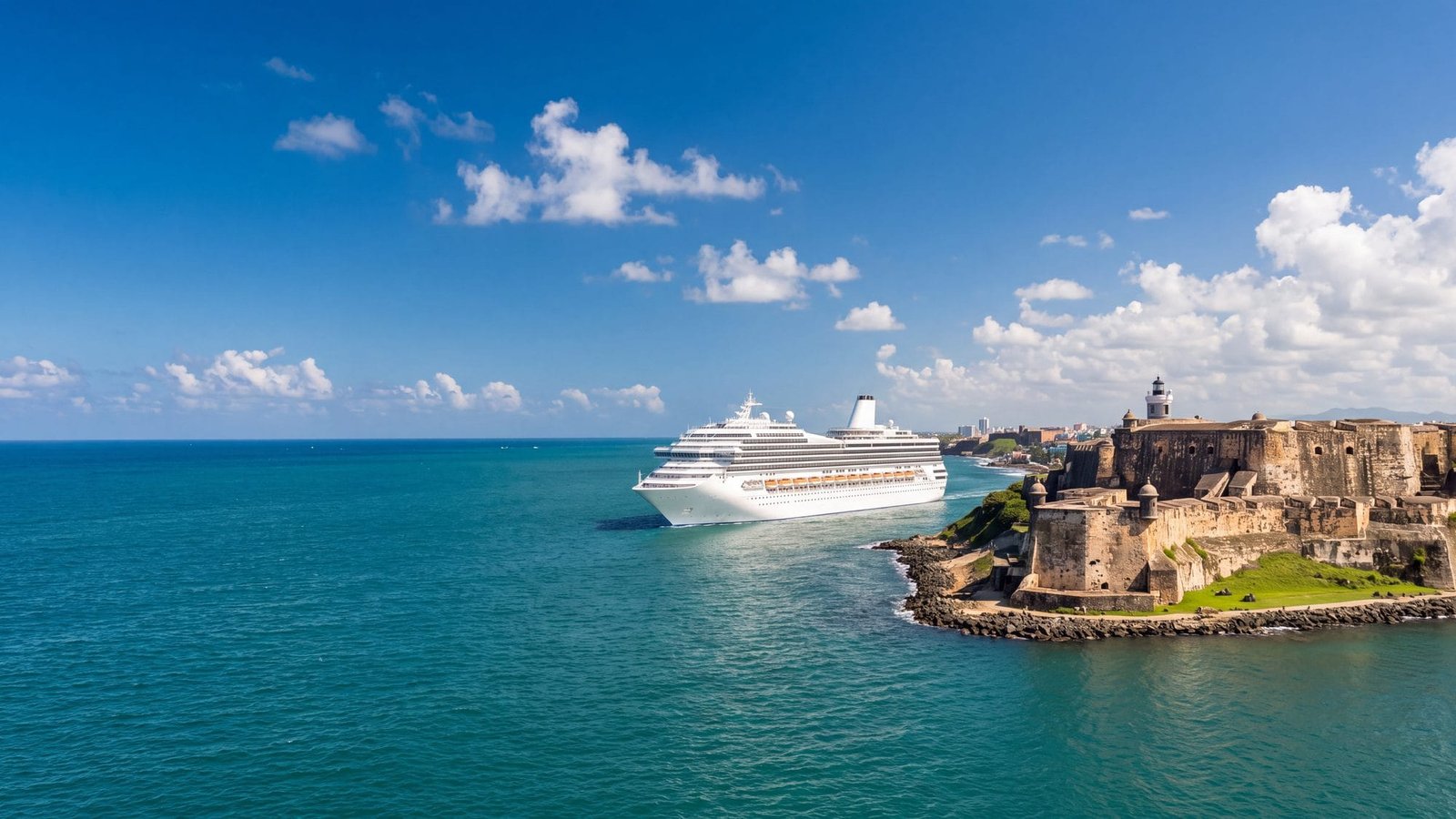 A cruise ship sailing into the bay past El Morro fort — Puerto Rico