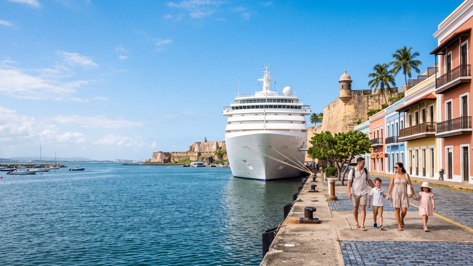 A cruise ship docked at the old-town cruise pier with pastel colonial buildings behind, a family with two kids on the pier — Puerto Rico
