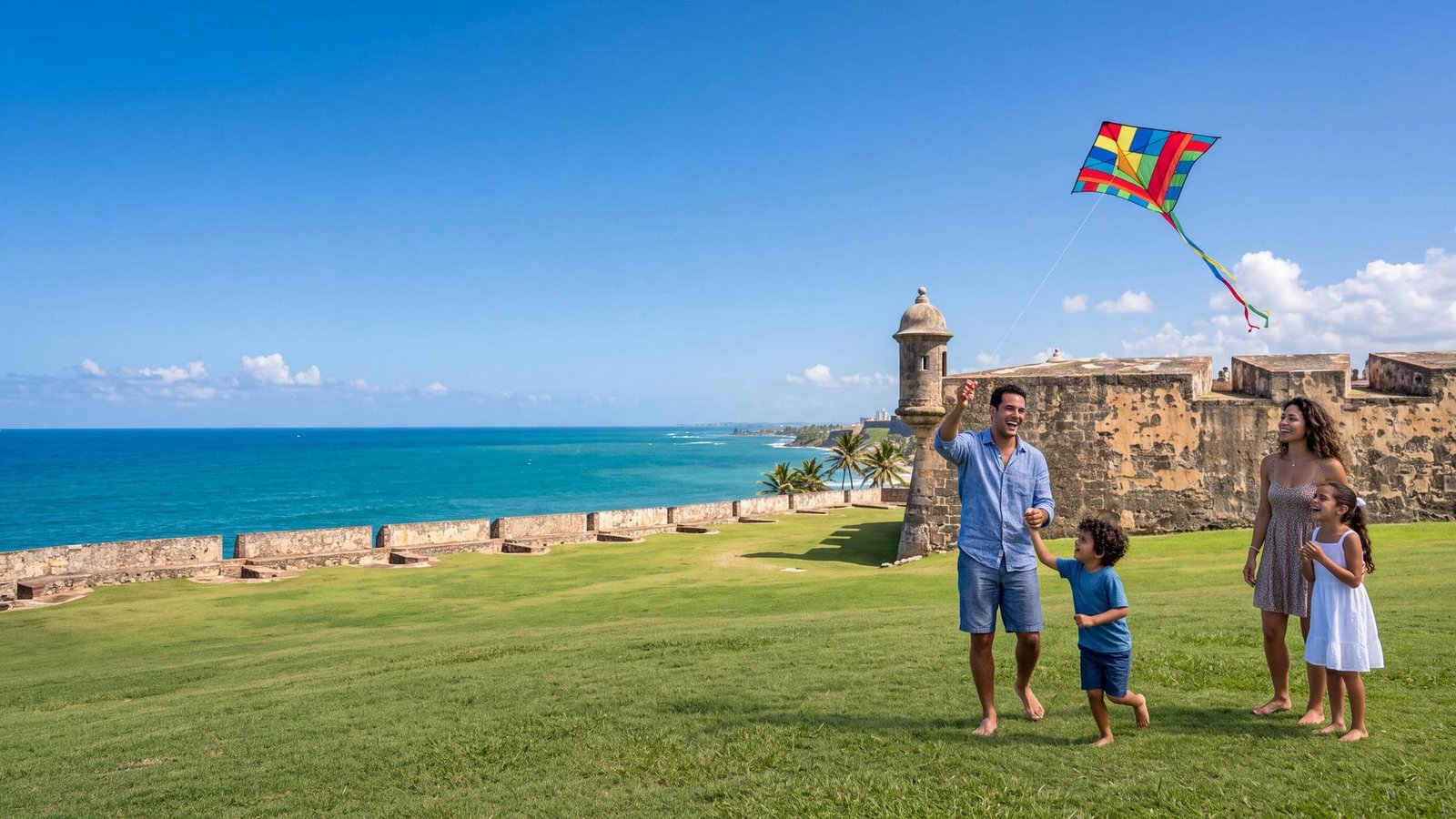 A family with two kids on the wide green fort lawn flying a kite, the sea beyond — Puerto Rico