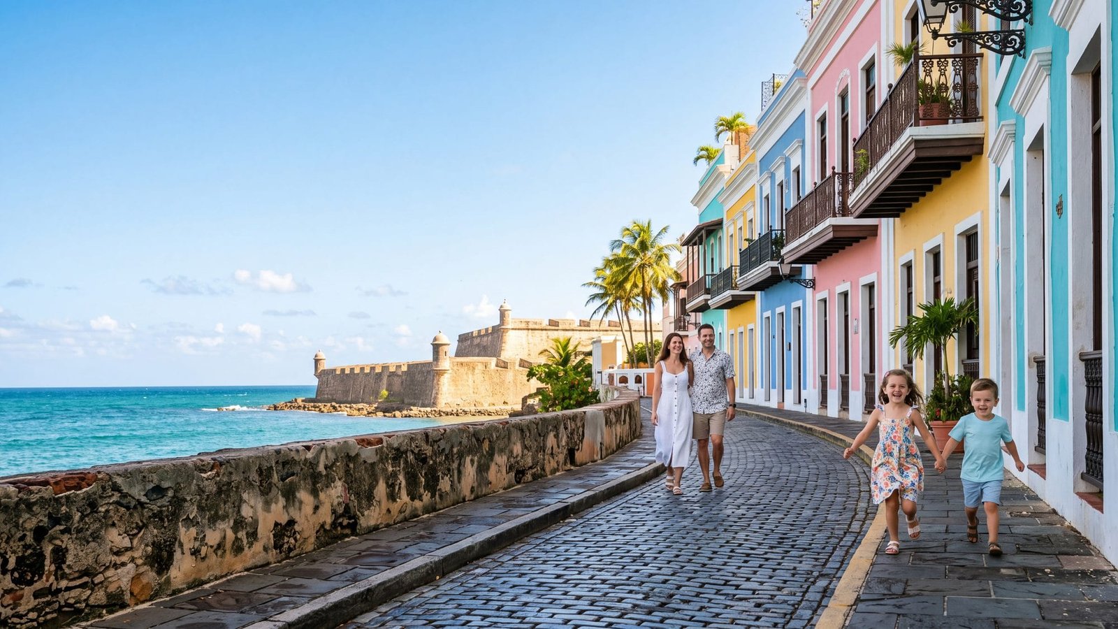 Two kids running ahead of their parents along a cobbled street of pastel houses — Puerto Rico