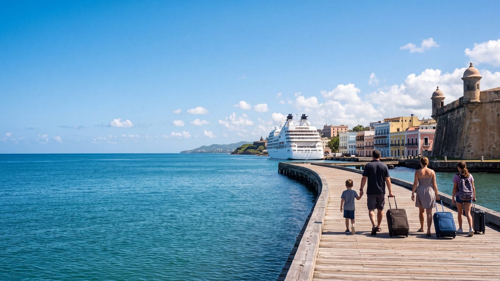 A family with rolling suitcases walking along the pier toward the old town with the ship behind them — Puerto Rico