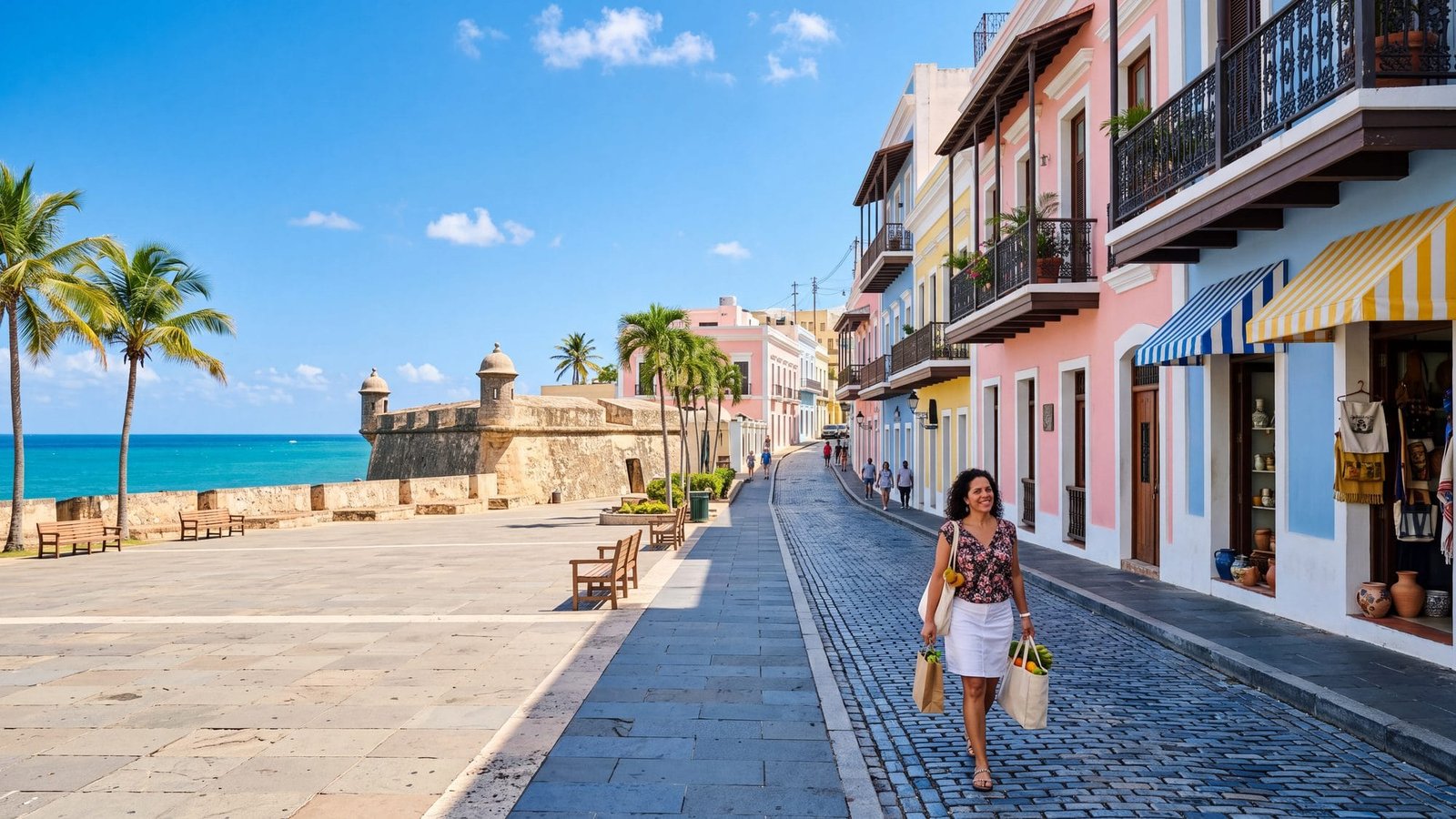 A pastel cobblestone street in Old San Juan, shopfronts with striped awnings and a woman with shopping bags