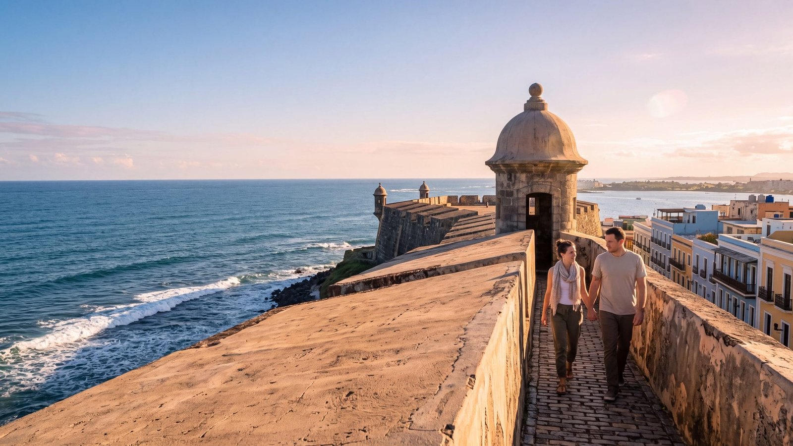 The huge sloping stone fort walls of the eastern castle with domed sentry boxes above the city, a couple walking the ramparts — Puerto Rico