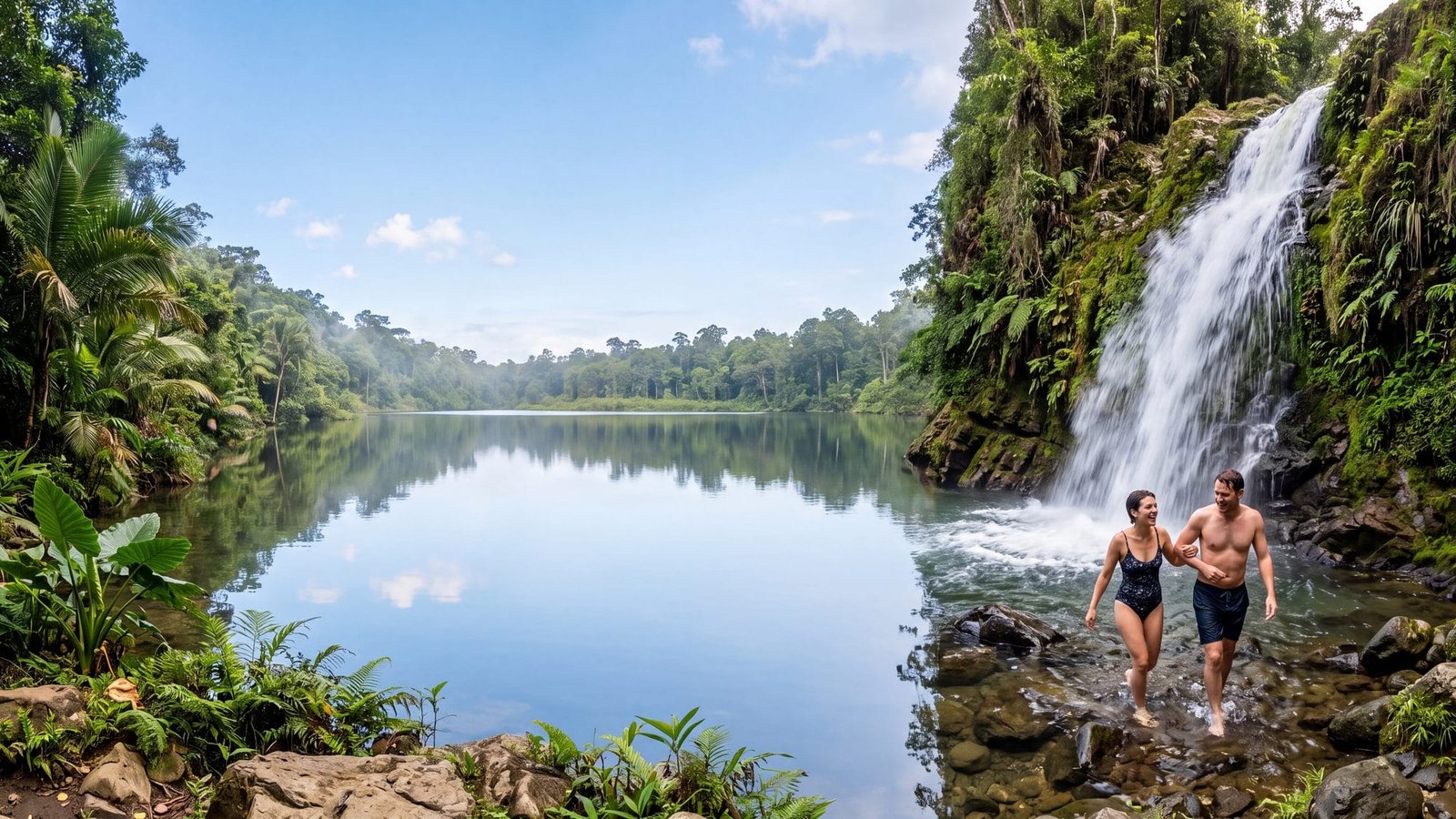 A waterfall pouring into a clear rock pool in dense rainforest with a couple wading — Puerto Rico