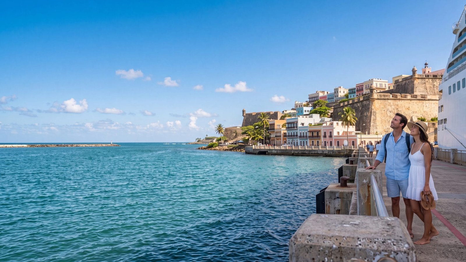 A couple on the cruise pier looking up at the old walled city — Puerto Rico