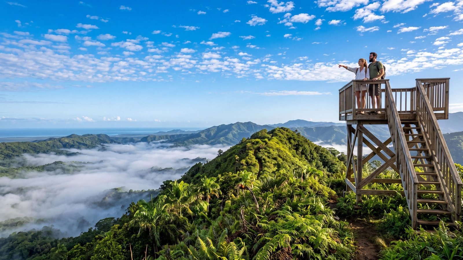A wooden lookout tower on a green rainforest ridge with a couple at the top, mist in the valleys — Puerto Rico